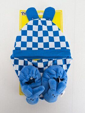 Peeps Infant Baby Set Hat Bib Booties Blue White Checkers Photo Prop Dan Dee